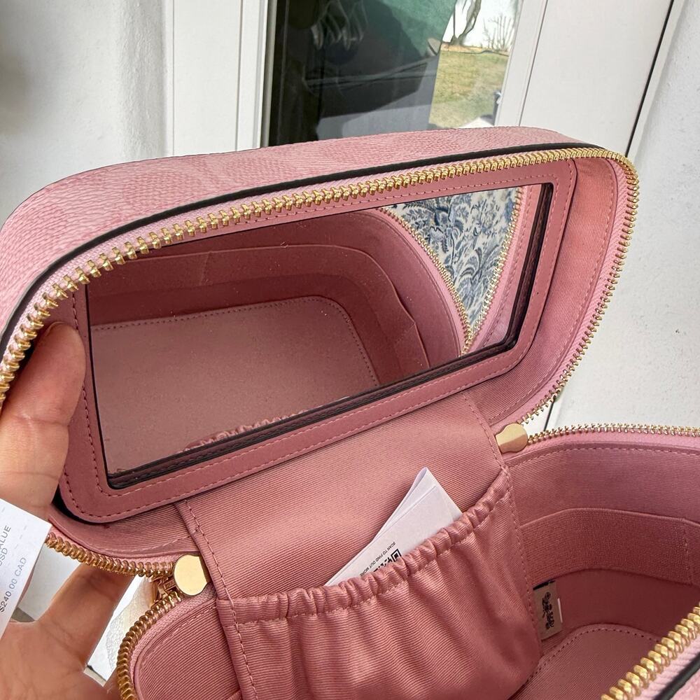 NWT Coach Cosmetic Case In Signature Canvas Gold/Powder Pink CEA56 - Picture 10 of 12